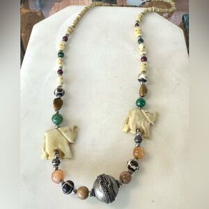 Vintage Carved Elephant Beaded Necklace – Boho Tribal Statement